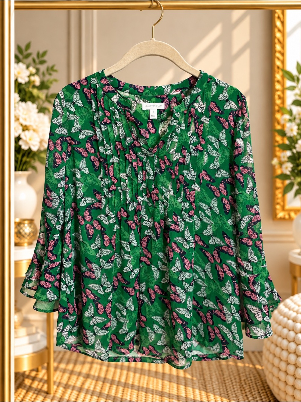 Charter Club Green Butterfly Print Pintuck Flutter Sleeve Blouse Size S